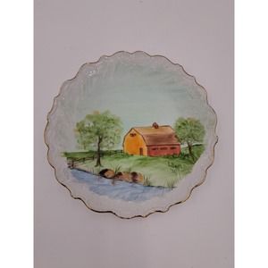 Signed 1972 Handpainted 8" Decorative Collector Plate Barn Stream Trees